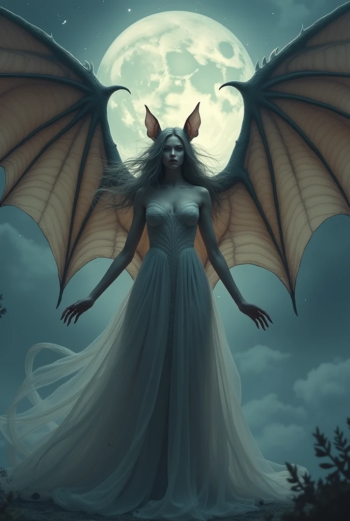 White haired woman with white dress and black wings falling, horned girl, devil horns, elf ears, cleavage, thigh, sexy, wide demonic wings