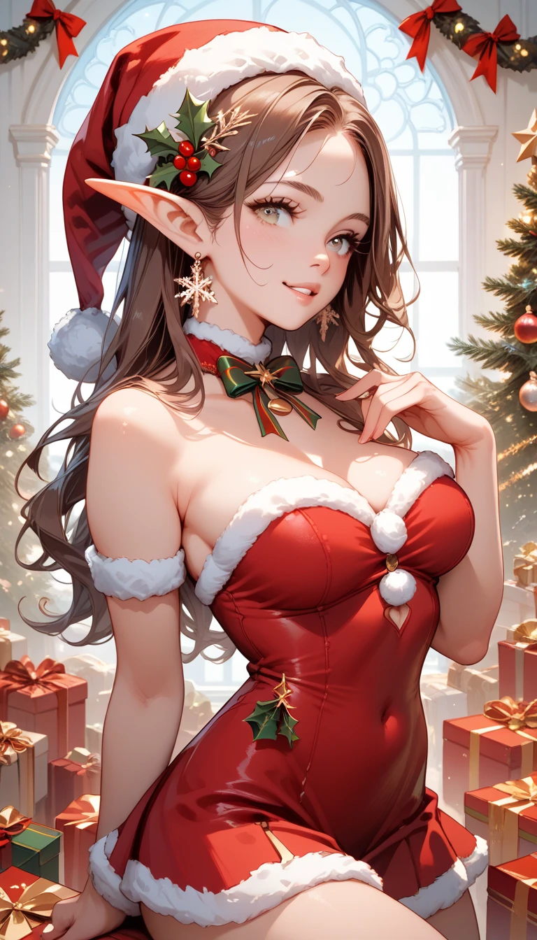 Christmas elf woman with brown hair With the face of Leila Urbieta