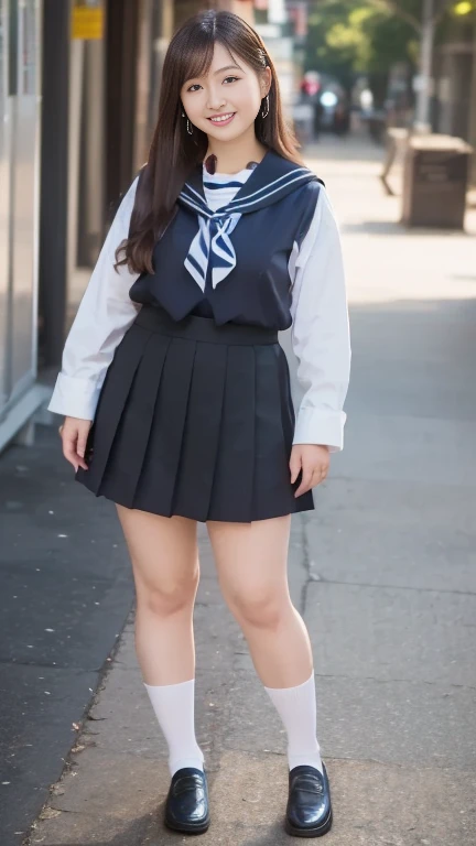 full body shot, from below,  japanese mature, 58 years old,  detailed face , smile, Facial wrinkles, Wrinkles around the eyes,  Detailed Skin Textures ,  white skin,  heavy makeup,  long hair, (curvy body,  plump thighs:1.3), (earrings,  Necklaces , school uniform, sailor uniform, sailor collar, sailor collar ribbon,  dark blue pleated mini skirt :1.2), (Short socks,  wearing loafers :1.2), ( full body shot from toe to head wearing black high heels, Standing on the sidewalk:1.2), ( surrealism, best quality, ultra detailed, absolutely resolution, 8k, anatomically correct), depth of field, looking at viewer,  detailed face  