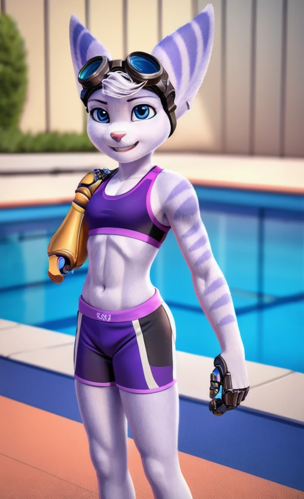 Rivet, tail, furry, 1girl, young, solo, six pack, (yellow cybernetic right arm), (purple sport shorts with sports bra), standing, pool background, detailed body fur, detailed body, detailed eyes, detailed face, athletic, skinny, high quality, masterpiece, goggles, :D, looking at you, full body, (elastic waistband), (climaxing), 