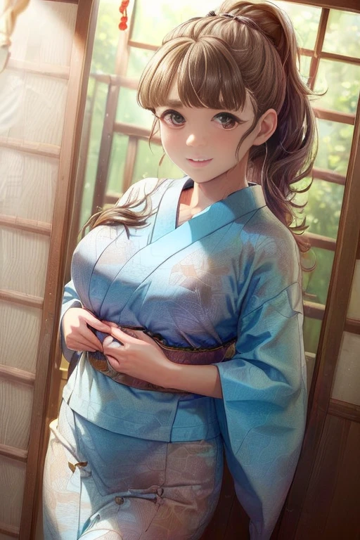 ((((  Masterpiece ,  best quality,  high definition )))), Extremely detailed 8K, (スリムボディの sexyな美しい 日本人女の子:1.6),( sexyな女の子:1.6), (,  ultra detail,  high definition, High realism,  super real , Photo),{  Shallow Depth of Field , ( Godley:1.2), (Reflective front light:1.1), (Soft, diffuse lighting:1.6) },( brown hair,  ponytail :1.5), (ダイナミックな sexyポーズ), (Very delicate and natural hair:1.3),  towards the camera ,  smiles lightly, ( Extremely Large and Tight Breasts : 1.5), (Very delicate and natural face, Very delicate and natural eyes:1.3),( Very delicate and natural clothing:1.2),{(  traditional Japanese kimono , Chest Wide Open ,:1.6)}, ( Hard Nipples Protruding :1.3), Shine, (Sweat a lot:1.2),  sexyな長い脚, sexy,  Bransing, ( super real な広大な風景,  Photogenic Scenery ,Kyoto city:1.1),A very windy day,   wind blows hair  ,,Thick eyebrows,Red eyes