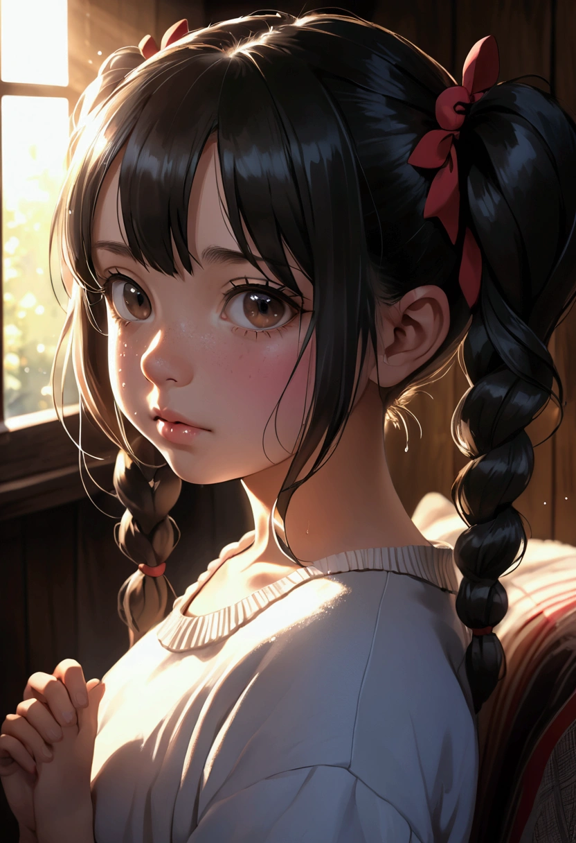 little  tribal,(((little ,small tiny body,,chibi,small))),(((6 years old))),(((1 toddler:1.4))),(baby face),(round face),(little chest),(big forhead:1.2),(beautiful big eyes:1.3),extremely detailed cute anime face,

(((flat chest))),((((long twin braids,tight braids,long braid,braided hair,long hime cut,dark hair,black hair,colored inner hair)))),(((purple_eyes:1.3))),intricate eyes,beautiful detailed eyes,symmetrical eyes,(big eyes:1.5),((((lustrous skin:1.5,tanned skin,bright skin: 1.5,skin tanned,shiny skin,very shiny skin,shiny body,Reflective skin)))),(((detailed face))),beautiful detailed lips,

(cute,kawaii,(nsfw)),🦄,🌈,

crop top, shorts, choker, paint on body, choker, (red crop top), bare stomach, (red shorts),

dynamic pose,looking at viewer,embarrassed,centered,scale to fit dimensions,Rule of thirds,

((Deep in an abandoned mine, a secret chamber glows with the magical light of gems, creating a halo of mystery around the girl)),scenery,extremely scenery,

(Glossy Egyptian ornaments),highres,sharp focus,(ultra detailed,extremely detailed),(photorealistic artwork:1.37),(extremely detailed CG unity 8k wallpaper),(((vibrant colors,vibrant theme))),(intricate),(masterpiece),(best quality),artistic photography,(photography taken by sldr),(intricate background),perfect rendered face,perfect face details,realistic face,photo realistic,((intricate detail)),(((realism))),
