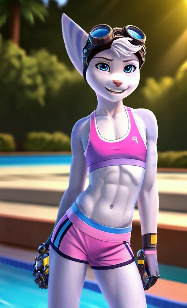 Rivet, tail, furry, 1girl, young, solo, six pack, (yellow cybernetic right arm),(normal left arm), (pink sport shorts with sports bra), standing, pool background, detailed body fur, detailed body, detailed eyes, detailed face, athletic, skinny, high quality, masterpiece, goggles, :D, looking at you, full body, (elastic waistband), (climaxing), 