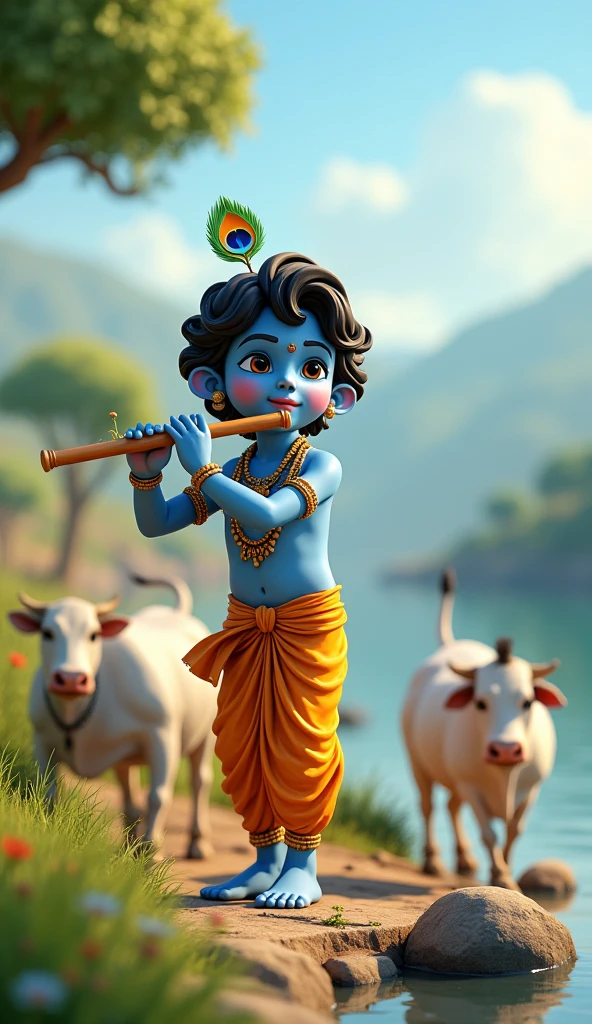 Small age Krishna with flute and small cow, and mathura in background, 5:4 ratio, aesthetic and more cute realism face
