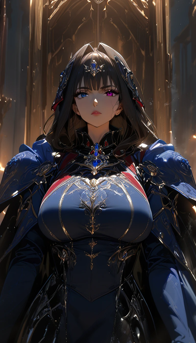 40k dark painting anime style. Show a stunning middle-aged woman with hair and heterochromia eyes, wearing peculiar garment, engaged in repentia action. The backdrop elements from '40k', throne infrastructure