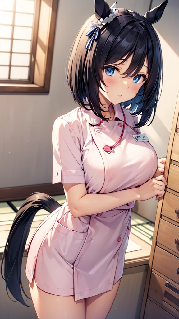 Japanese illustration style, high detail, 8k, clean lineart, cinematic, 
eishin flash \(umamusume\), horse ears, horse tail, black hair, deep blue eyes, big tits, hair fully hides ears:1.8, 
natural pose, hospital,  
nurse uniform, white uniform,  

look at viewer