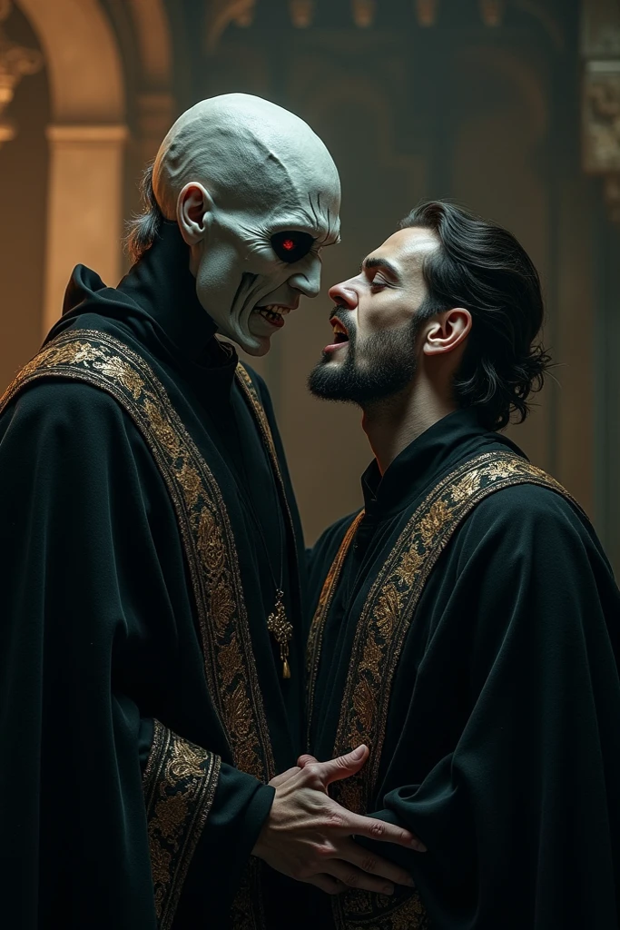 A black man and woman face to face holding a chalice in their hands, in front of a sacrificial chotel. Lit by candles, in a mysterious and gloomy atmosphere.
The man and woman are dressed all in black., with a cape and a hood. They both wear a black full face mask.