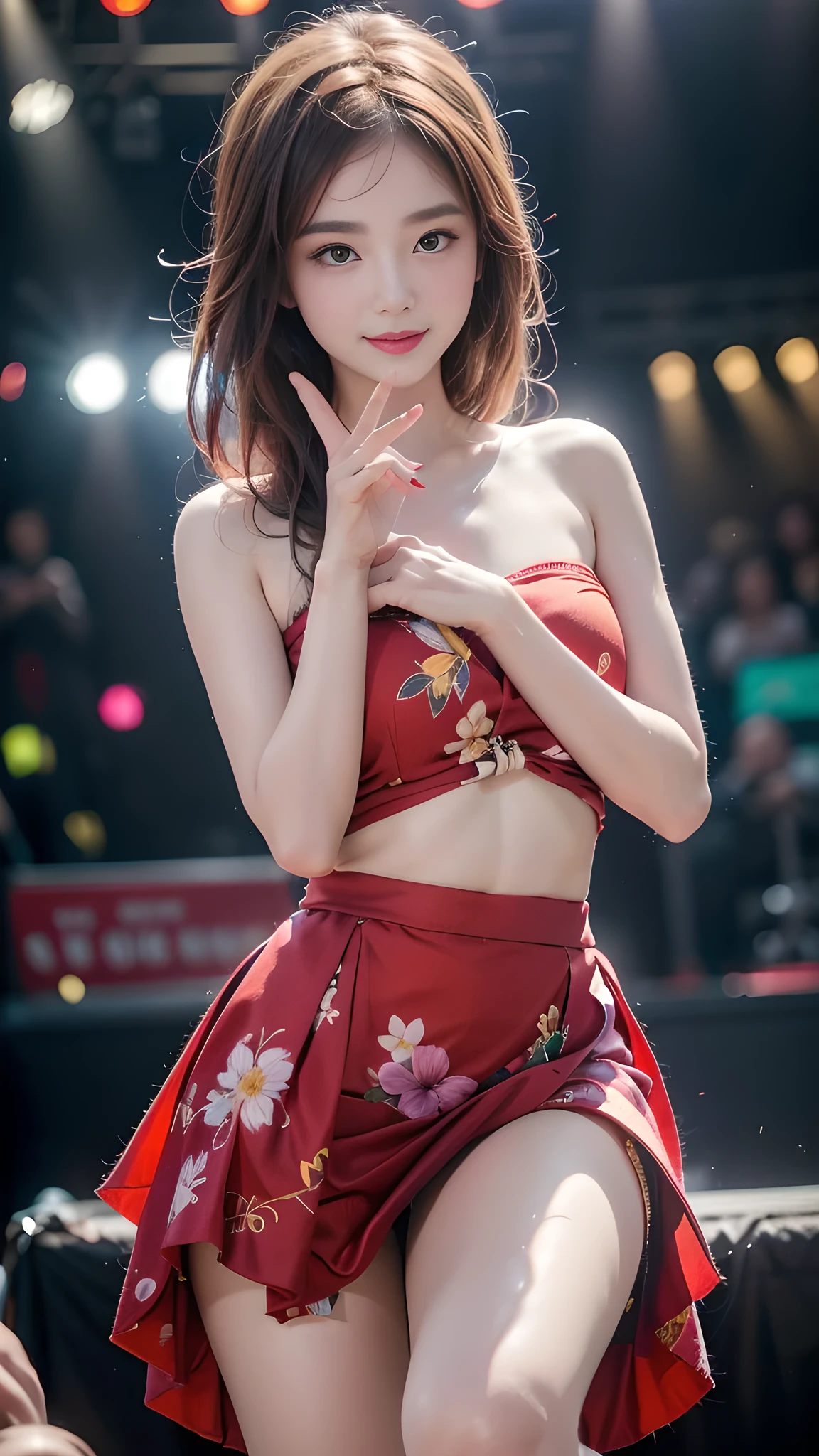 1girl, ((city in Vietnam)), ultra high resolution, (actual: 1.3)), ((random pose)), deep darkness, (best quality, masterpiece), shade, confused, blushing, high detail, depth of field, film grain, wrinkled skin, looking at viewer, dancing, warm smile, alone, ((performing on stage: 1.1)), (open thighs), uniform black colorful floral flared skirt, (masterpiece, best quality: 1.5)