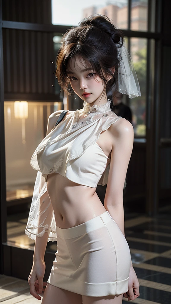 (bestquality、A masterpie:1.2)、Ultra High Res、lifelike、Front lighting、with intricate details、Exquisite details and textures、1girl、solo、(young)、Facial Highlights、fulllllbody、Detailed face、Teardrop mole、White Skin、Silver hair、ponytails、Braid hair、Watch your audience、s big eyes、Silk robes、(Hollow pattern、WHITE、silk)、ear ring、tiny breasts、Slim body、Luxurious room、professional Lighting、Photon mapping、 Radiosity、physically based rendering、(((pull up skirt、White lace panties visible)))、