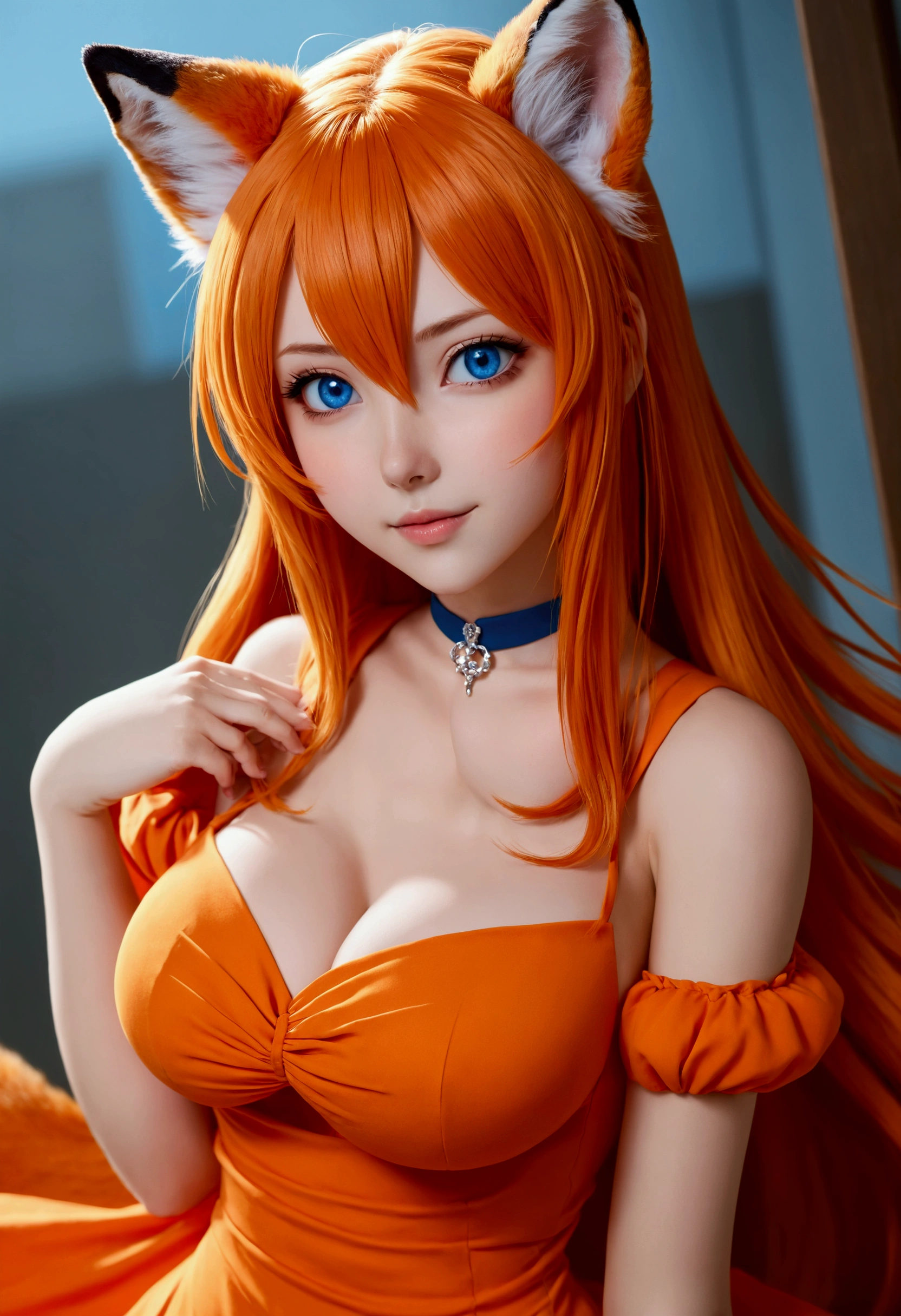 (best quality,4k,8k,highres,masterpiece:1.2),ultra-detailed,(realistic,photorealistic,photo-realistic:1.37),cute,solo girl with orange long wavy hair,blue eyes,fox ears,fluffy fox tail,summer time in Japan,beautiful garden scenery,lush greenery,colorful