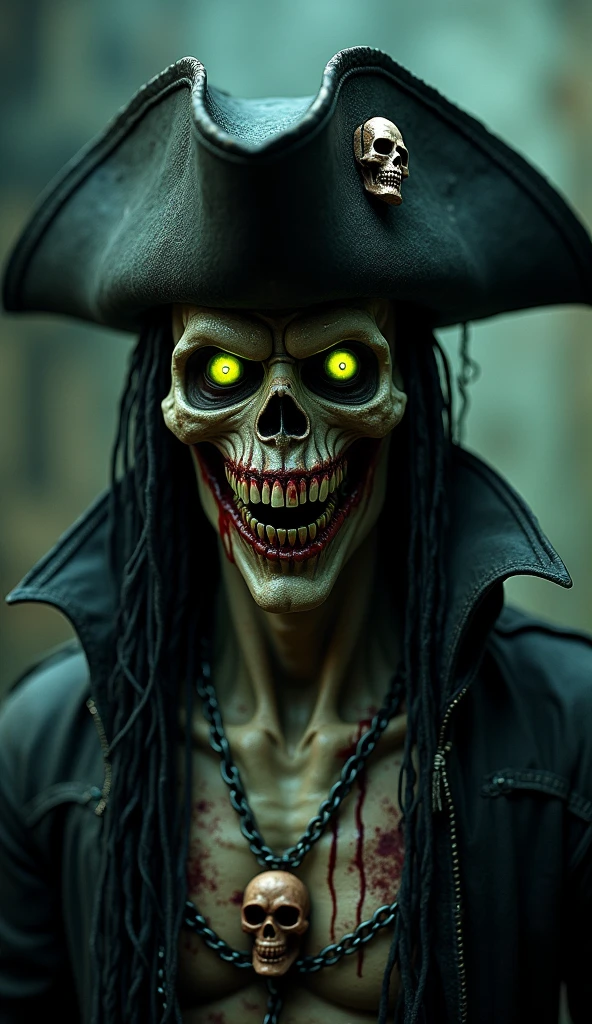 fantchar, an undead zombie pirate in a damp cave lit by candles, cobwebs, hat, stone, dust, hair, sword, ancient, evil, realistic, intricate, highly detailed