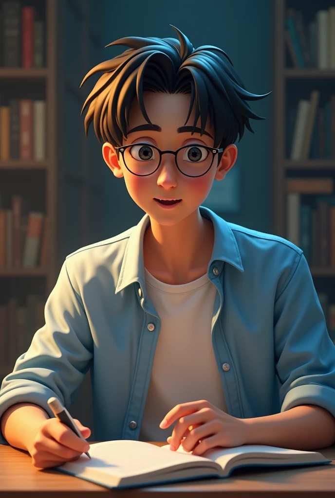 Skinny 16-year-old intellectually styled young man wears glasses Brown hair Basic hair style distributed Korean style . 3D art style .  Clothes basic white shirt as an overlay of a light blue dress shirt unbuttoned .  Scenario a library with a mysterious air .  He is seated at a table in front of the camera .  The camera is vertical .  His eyes remain on the camera A relaxed look and a happy expression And he gesticulates and moves his mouth because he's explaining the matter