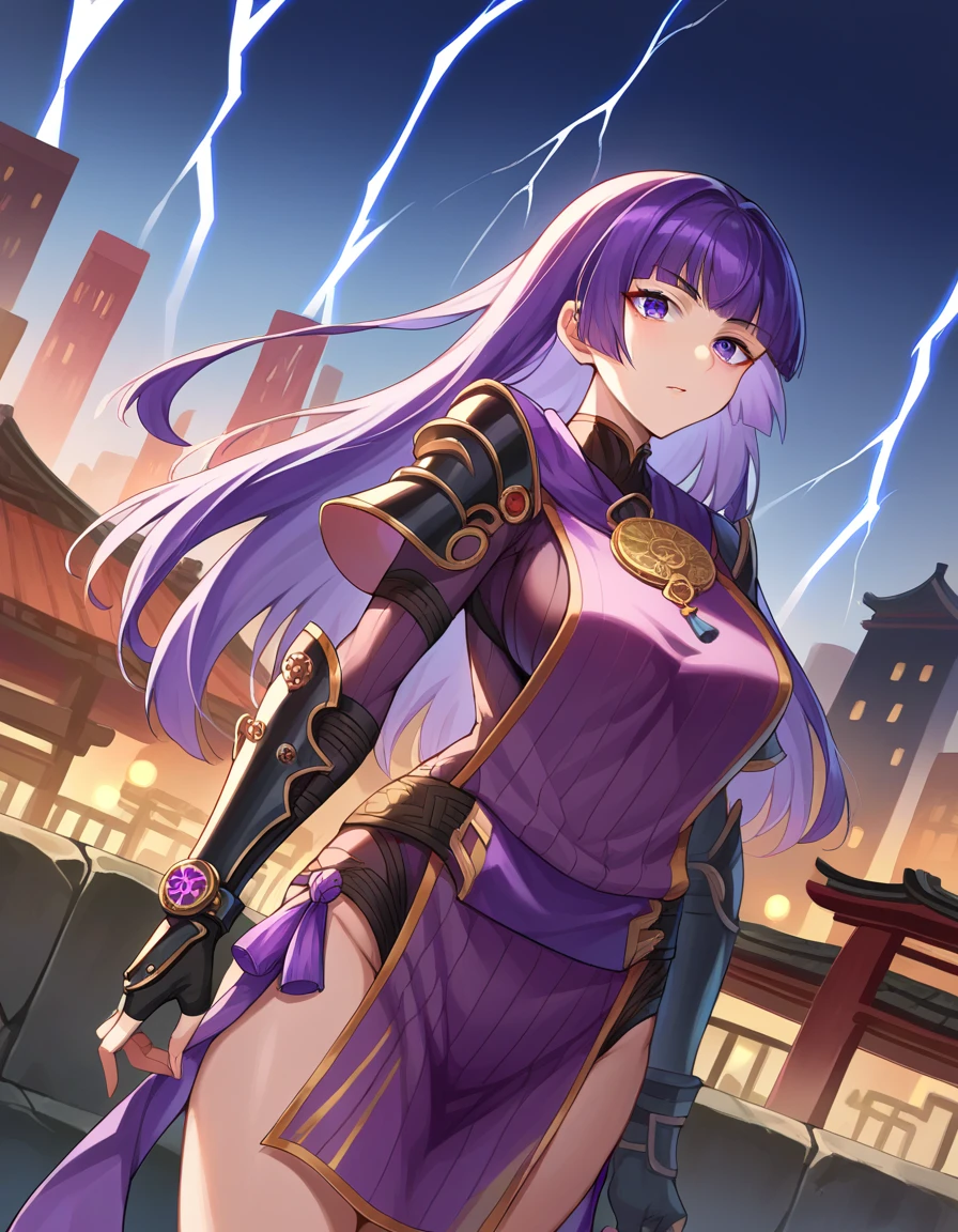  score_9,  score_8_up,  score_7_up,  source_Anime,
Lightning, Lightning,  split bangs , Purple Eyes,  purple hair ,  long hair, hime cut, amount,  mature woman ,
Arm guard, armor, black Gloves,  Bodysuit , fingerless Gloves, Gloves, japanese armor, , Loin cloth, purple  Bodysuit , Ribbed sleeves, Tabard,  adjusted,
Outdoor, cityscape,  slouching forward,
 watch viewers,  cowboy shooting,  Dutch angle ,