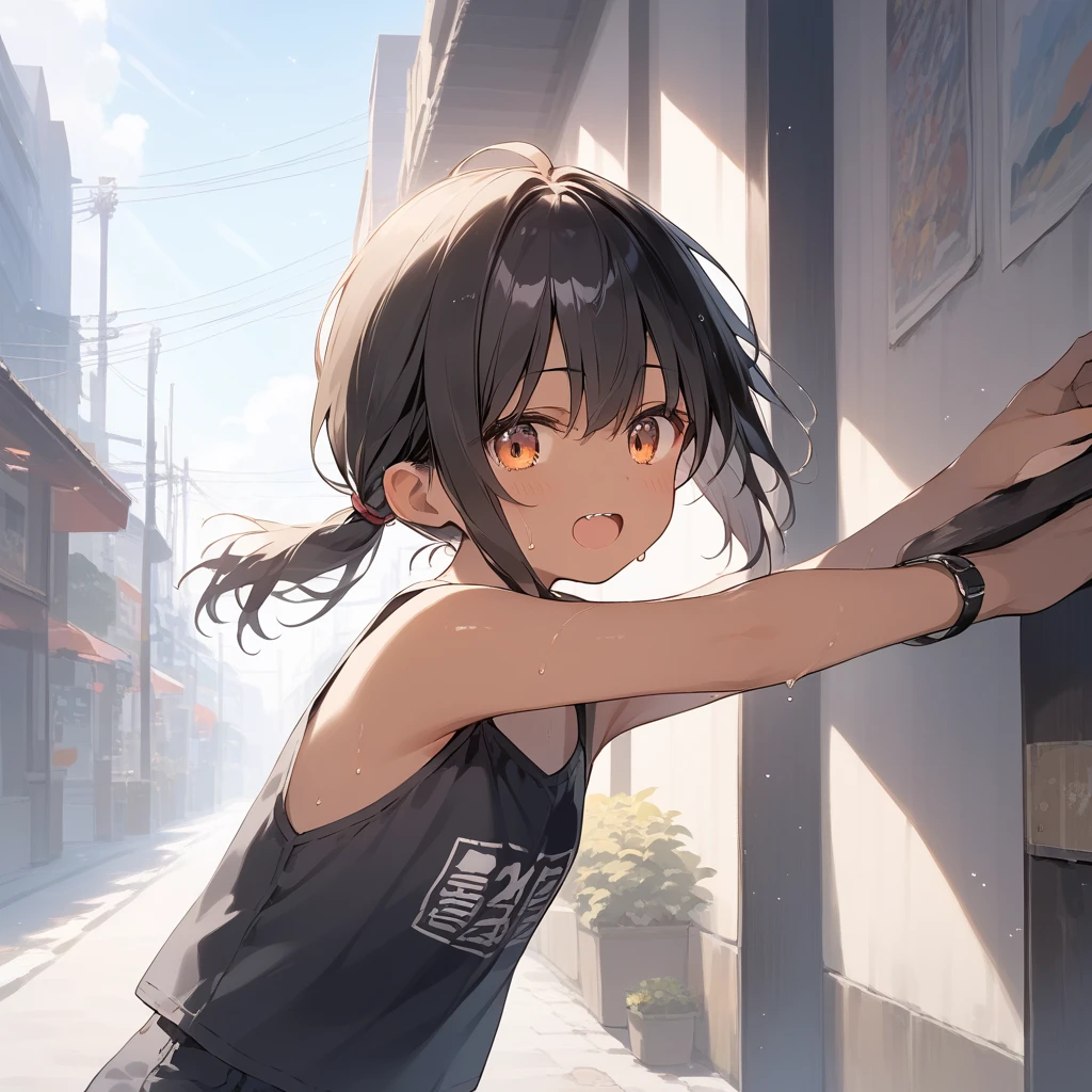 ((Masterpiece)), ((best quality)), (Anime:1.5), (messy lineart:1.2), (super detail:1.2), (High Definition), (Professional Photography:1.2), ((12 years old)), cinematic lighting, (messy hair), stooped posture, Forward leaning posture, slightly exposed small breast, (badly tattered and torn camisole), (dirty white camisole), Slender body, cute small breast, open mouth, (laughing), Textured skin, cat ears, pale brown hair, Cute Beautiful girl, cute teenage girl,BREAK, ((best quality)), (outstretched arms), (against the graffiti wall:1.5), slum townscape,