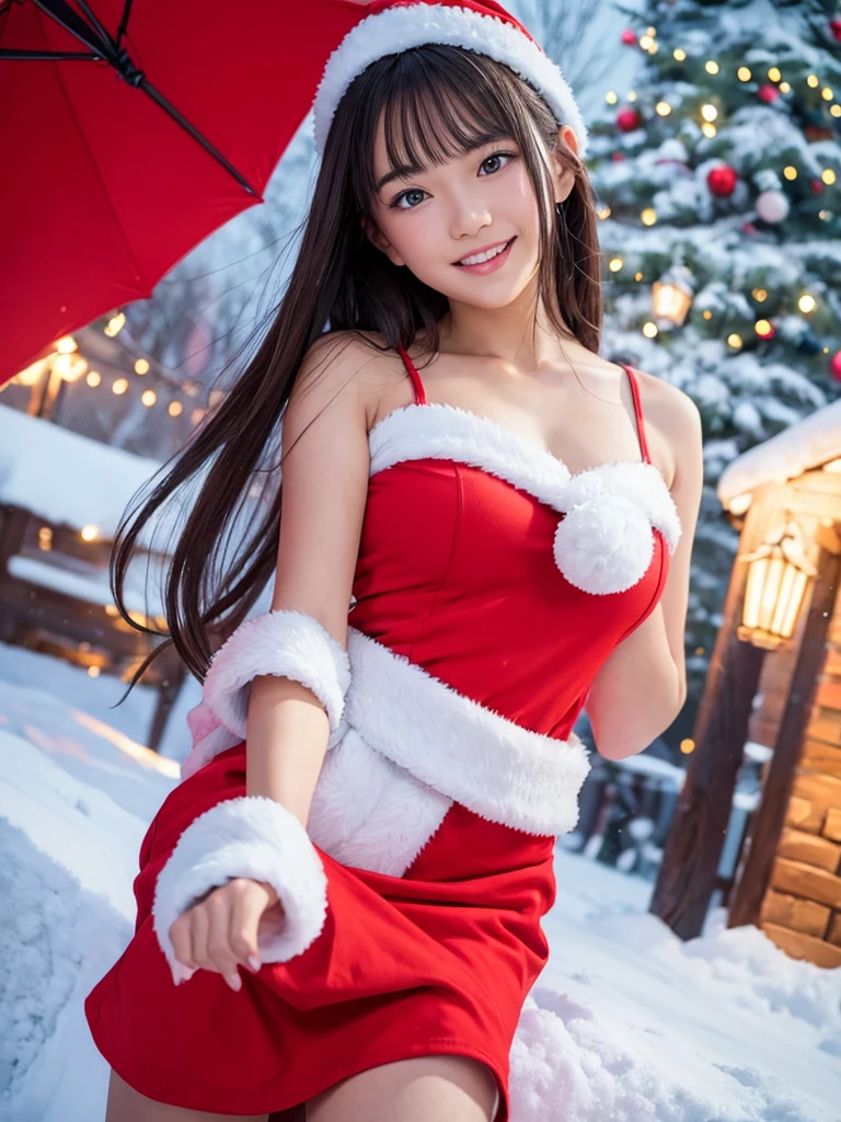 (masutepiece:1.3, Photorealsitic:1.4, 8K), top-quality, masterpiece, 超A high resolution, Perfect dynamic composition, Highly detailed skin and facial texture:1.3, A detailed eye, Detailed limbs, winter night:1.2, (snowflakes falling:1.2), street corner illumination, 1girl in, Cute sexy 20 year old slim woman, Fair skin, (Snow fell on my body and clothes:1.2), ((A smile:0.9, Totally captivates you:1.0)), (accurate santa claus outfit:1.25, Accurate Santa Claus hat:1.1), ((voluptuous breasts:0.95)), Short boots, (Facing the front, Squat with your knees bent), (Beautiful blue eyes, Eyes that feel beautiful eros:0.85), Sexy face:0.4, (A mouthfeel that feels beautiful eros:0.85), ((Too cute beauty:0.9))