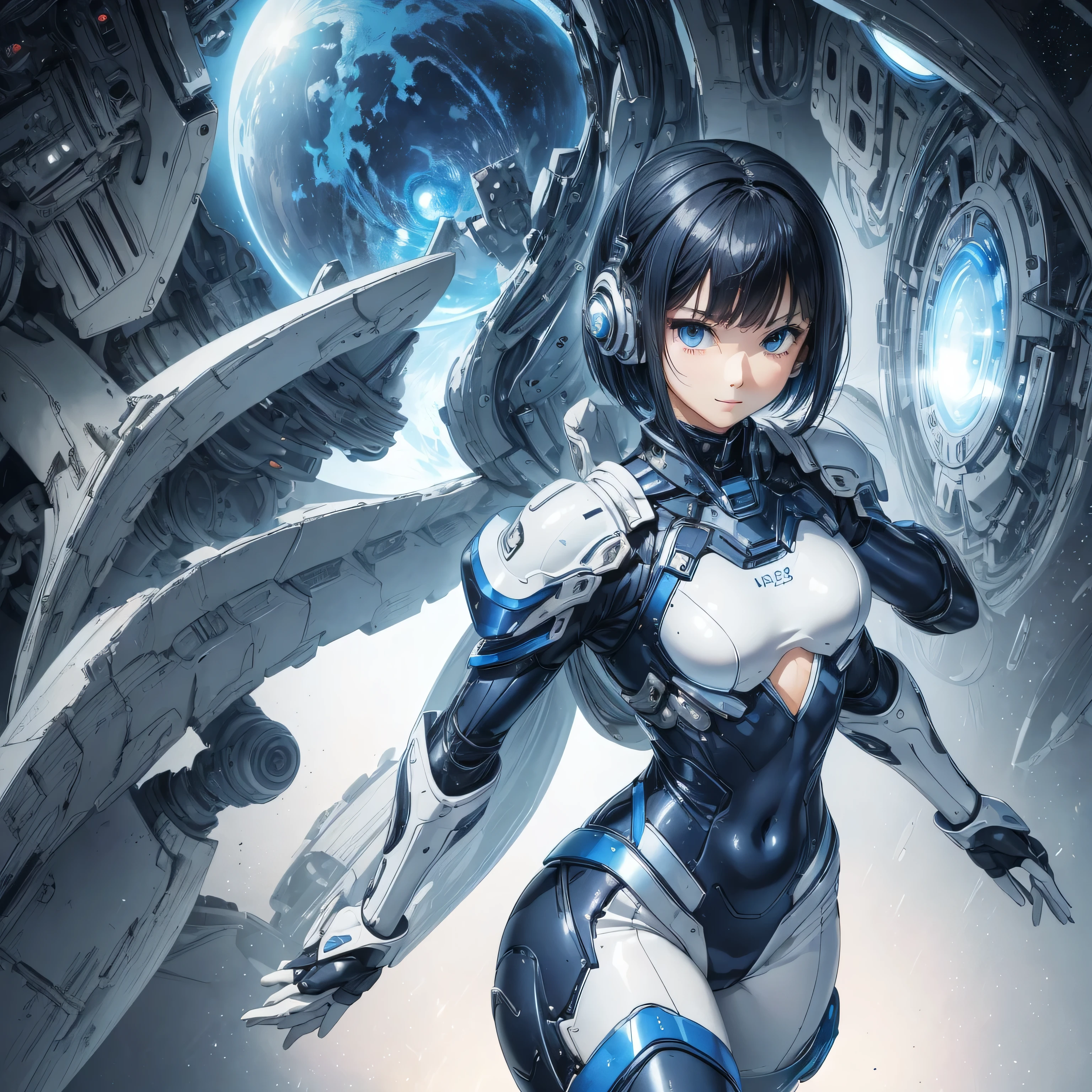 (masterpiece、Highest quality、Highest Resolution、Clear_image、Detailed details、Angle from above): (Whole body、One 20 year old girl、Japanese Faces、Small Face、Slender、Navy blue super short bob cut hair、(Hidden small breasts:1.3)、Sparkling blue eyes、Shiny pilot suit in blue and black colors、Chest protection armor、Tight fitting clothes、Clothing that covers the whole body、Glamorous clothes、Tight Fit Pants、Hide your skin、Very delicate and beautiful、Detailed Skin、hide thighs、Hide your ass、Cute、A gentle smile、Soft expression、heroine、headset、Knee-high boots、Elbow-length gloves、Eye Level Shot、Face directly、Woman on a spaceship)