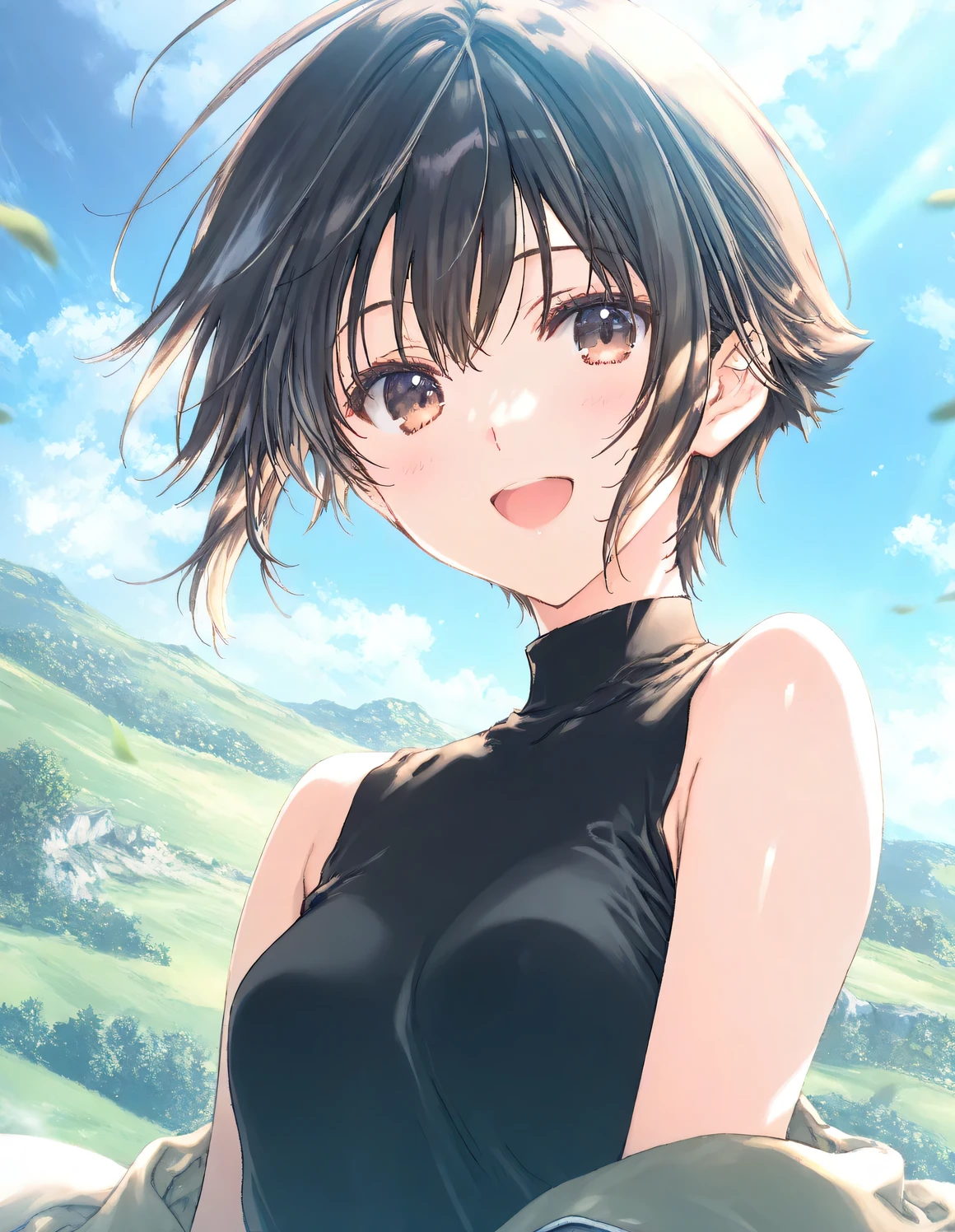 1girl, tomboy,  female, small breasts, beautiful detailed eyes,open mouth, outdoors,wind, fantasy, game CG, break,((artist:mitsumi_misato)),(artist:fujiyama),(artist:suzumori),(masterpiece), (best quality), (ultra-detailed),(Detailed Lighting), very aesthetic, newest, beauty illustration,super detailed skin, (masterpiece), (best quality), (ultra-detailed), very aesthetic lighting,newest ,hi res,absurd_res,shiny skin,2023,(shaded),digital media (artwork), realistic lighting, 4k, 8k,highres, non-web_source, official_art, photoshop_(medium)