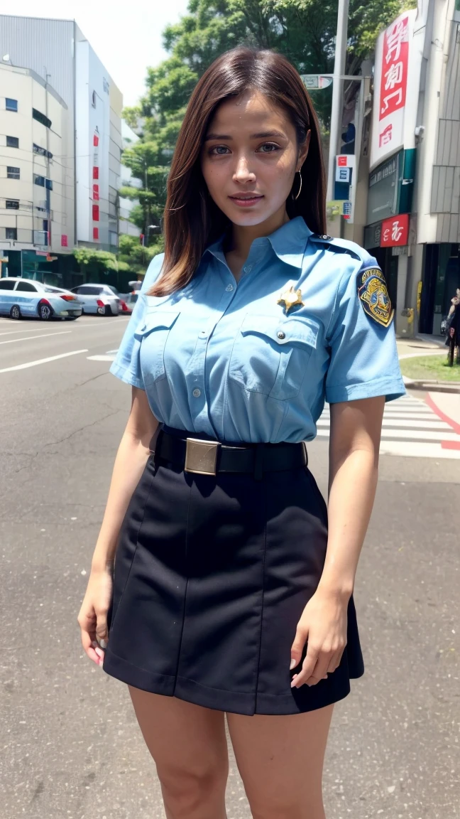 beautiful Japanese woman, 22 years old, perfect anatomy, healthy thighs, beautiful legs, beautiful skin, random hair color, random hairstyle, large breasts, female police officer, (Japanese police uniform:1.3), (miniskirt:1.3), full body shot, high heels, city street, (best quality, 4k, 8k, highres, masterpiece:1.3), (extremely detailed:1.2), hirosealice