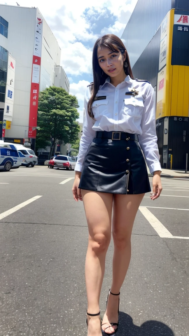 beautiful Japanese woman, 22 years old, perfect anatomy, healthy thighs, beautiful legs, beautiful skin, random hair color, random hairstyle, large breasts, female police officer, (Japanese police uniform:1.3), (miniskirt:1.3), full body shot, high heels, city street, (best quality, 4k, 8k, highres, masterpiece:1.3), (extremely detailed:1.2), hirosealice