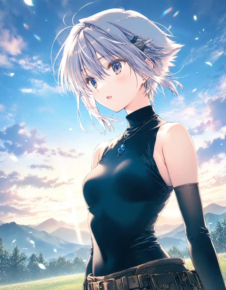 1girl, tomboy,  female, small breasts, beautiful detailed eyes,open mouth, outdoors,wind, fantasy, game CG, break,((artist:mitsumi_misato)),(artist:fujiyama),(artist:suzumori),(masterpiece), (best quality), (ultra-detailed),very aesthetic, newest, beauty illustration,super detailed skin,very aesthetic lighting, hi res,absurd_res,2023,(shaded),digital media (artwork),  4k, 8k,highres, source_anime, official_art, photoshop_(medium)