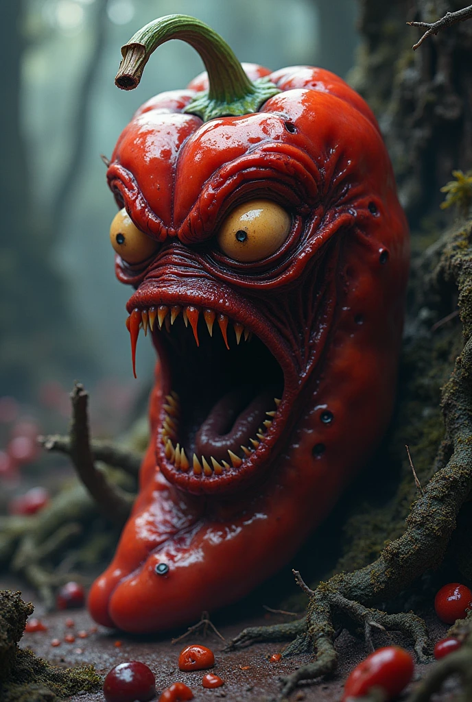 It is a creature that is a grotesque amalgamation of human, slug and dragon. Its form is a twisted mockery of species, with human-like skin stretched taut over a dragon-like skeletal frame. Massive tears and rents mar its visage, exposing raw tissue, sinew, and bone beneath, as if the skin were forcibly pulled over the dragon's frame until it could stretch no more, but was still stretched even further. The creature's body is covered with a slimy, gelatinous texture. It's grotesque snout is lined with jagged stitches, fitted only with dagger-like fangs that are a sickly color. Massive, oozing flaps mar its visage, secreting a thick, viscous mucus coating its jagged fangs. Its snout is elongated and slimy, with layers of wrinkled flesh resembling the folds of a slug's mantle. Its eyes are nestled within deep sockets, each iris is a sickly mix of murky brown and fiery orange, punctuated by prominent slit pupils that seem to pulse. It's wing's are made of membranes of skin stretched to their limit, with edges fringed by bloody bones protruding from the torn skin. Veins course like rivers beneath the translucent skin, pulsating with an eerie vitality. Its hind legs, broken and healed in a cruel mockery of nature, are digitigrade in form, with claws piercing through stretched skin, a cruel reminder of the agony it endures. The elongated neck is adorned with frills resembling gashes from a savage blade, the skin stretched painfully tight over each sinew and tendon. Horns jut from its skull, torn from the very flesh that struggles to contain them, their surface resembling bone marrow exposed to the elements. From the lower back of the creature, extends a tail that resembles the elongated body of a giant slug. The tail undulates with a sickening rhythm, its slimy surface glistening with a viscous mucus that drips in slimy rivulets, leaving a trail of glistening slime in its wake. Amidst the jagged stitches and oozing flaps, there are subtle hints of feminine curvature, sugge