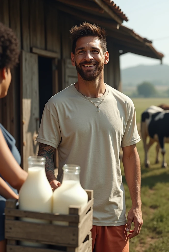A handsome young man, with a beautiful face, fair skin, soft skin, and a slender build, has short black hair. He's shirtless and carrying a can of milk in a milk jug on his shoulder.