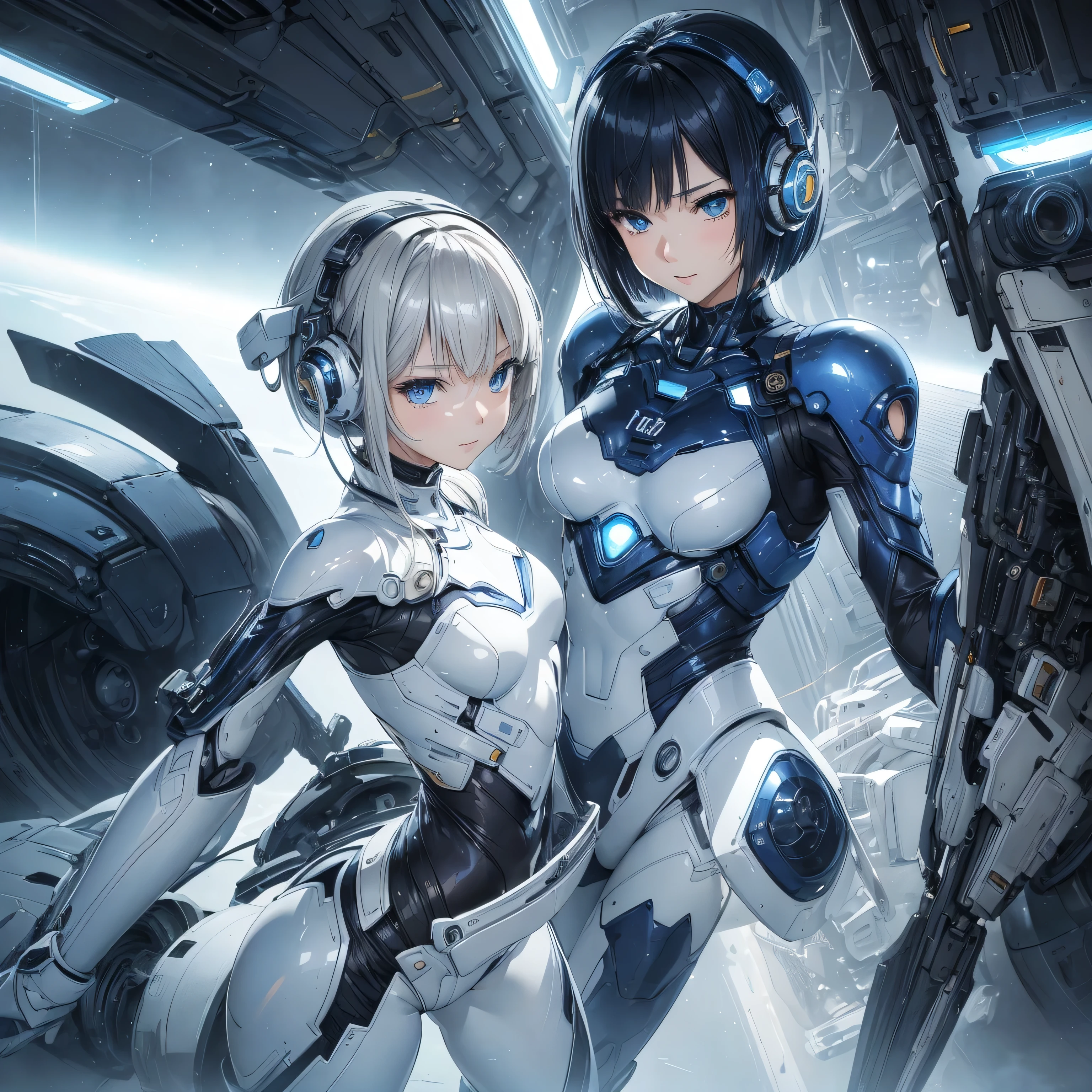 (masterpiece、highest quality、highest resolution、clear_image、detailed details、Angle from above): (full body figure、One 20 year old girl、Japanese faces、small face、Slender、Navy blue super short bob cut hair、(hidden small breasts:1.3)、sparkling blue eyes、Shiny pilot suit in blue and black colors、armor that protects the chest、tight fitting clothes、clothes that cover the whole body、shiny clothes、tight fit pants、hide the skin、very delicate and beautiful、detailed skin、hide thighs、Hide your ass、cute type、gentle smile、soft expression、heroine、headset、Knee-high boots、gloves up to the elbow、eye level shot、facing directly、woman on a spaceship)