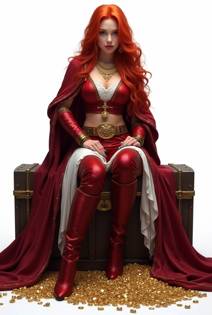 Single close-up,There can only be one person in a scene,1 mature female,The temperament of a queen,tmasterpiece,best qualityer,Hyper-detailing,illustratio,Fine and detailed eyes and detailed face, garments:Hostess costume,Hip-wrapped pantyhose,Black high heel,Reveal high heels, allure:(Tall:1.4),Tall,Mature temperament,Blood red hair color eye shadow,Majesty,Mature temperament,Wide hips(big assa:1.4),(Thick thighs:1.4),Majesty,Background inside the Royal Palace,are standing