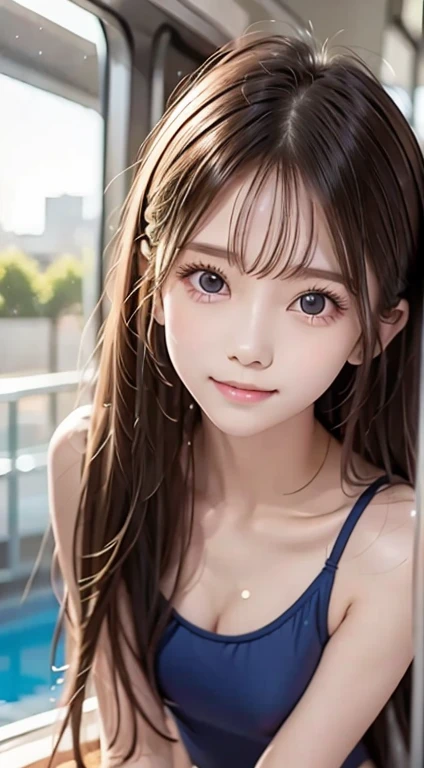 (  very pretty and cute girl  ), (  very cute face  :1.2),, Junior high school students, ( Big eyes that are clear and attractive like sparkling crystals), Looks great,  beautiful detailed eyes from outside the train,  double eyelids with attention to detail , (smile), ( realistic pictures:1.2), Long straight hair,  wet skin  ,  Navy School Swimsuit ,  competitive swimsuit, Swimmer, foot,  Sexy Poses  , (( pool side)),