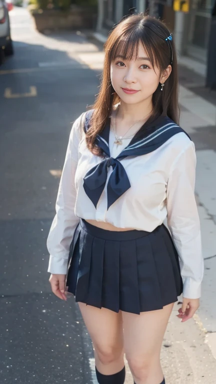 full body shot, from below,  japanese mature,  detailed face , smile, Facial wrinkles, Wrinkles around the eyes,  Detailed Skin Textures ,  white skin,  heavy makeup,  long hair, curvy body, (earrings,  Necklaces , school uniform, sailor uniform, sailor collar, sailor collar ribbon,  dark blue pleated mini skirt :1.2), (Short socks,  wearing loafers :1.2), ( full body shot from toe to head wearing black high heels, Standing on the sidewalk:1.2), ( surrealism, best quality, ultra detailed, absolutely resolution, 8k, anatomically correct), depth of field, looking at viewer,  detailed face  