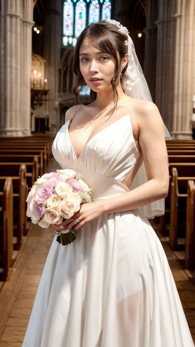 A beautiful young Japanese woman, 26 years old, with healthy thighs, beautiful legs, flawless skin, random hair color and style, large breasts, wearing a (wedding dress:1.3), full body shot, high heels, holding a bouquet in her hands, in a church setting, (best quality,8k, masterpiece:1.3), (extremely detailed:1.2), perfect anatomy, hirosealice