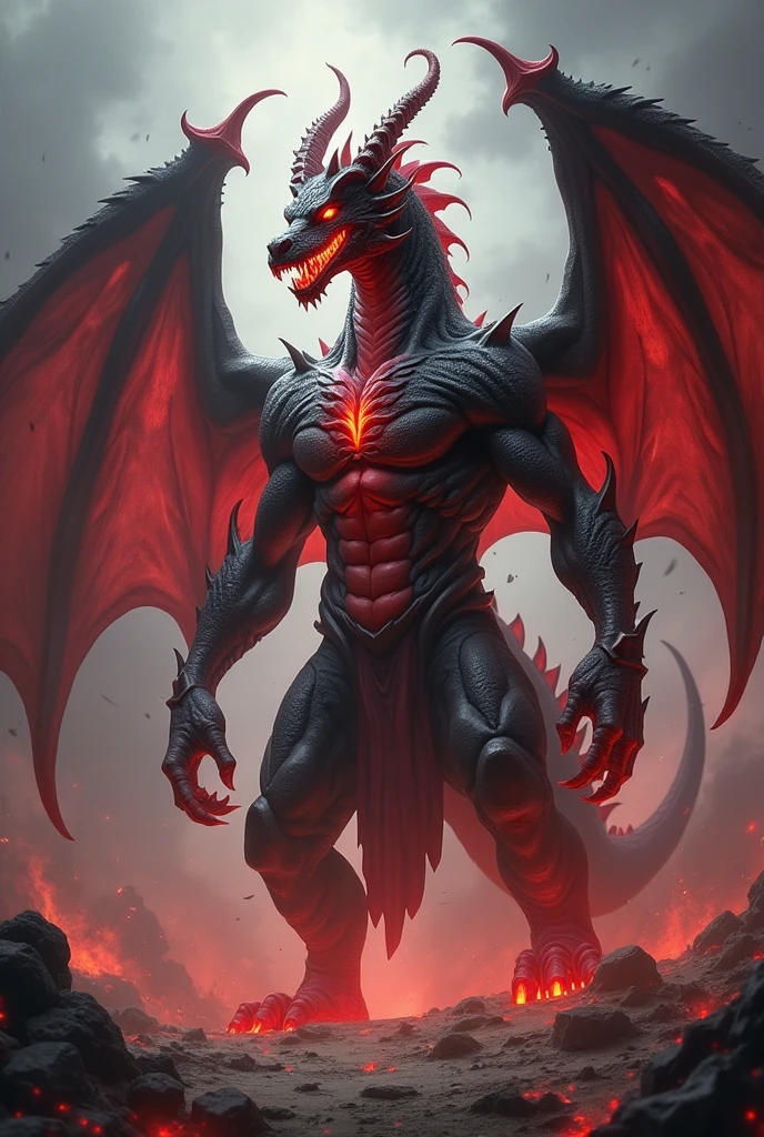 There is a red-eyed black dragon standing under the stars, anthropomorphic dragon, black dragon, dragon body, human dragon art, giant monster dragon monster, muscular dragon man, man and dragon fusion, wet, large bulge, flame, realism, epic, body with flame pattern, full body picture
