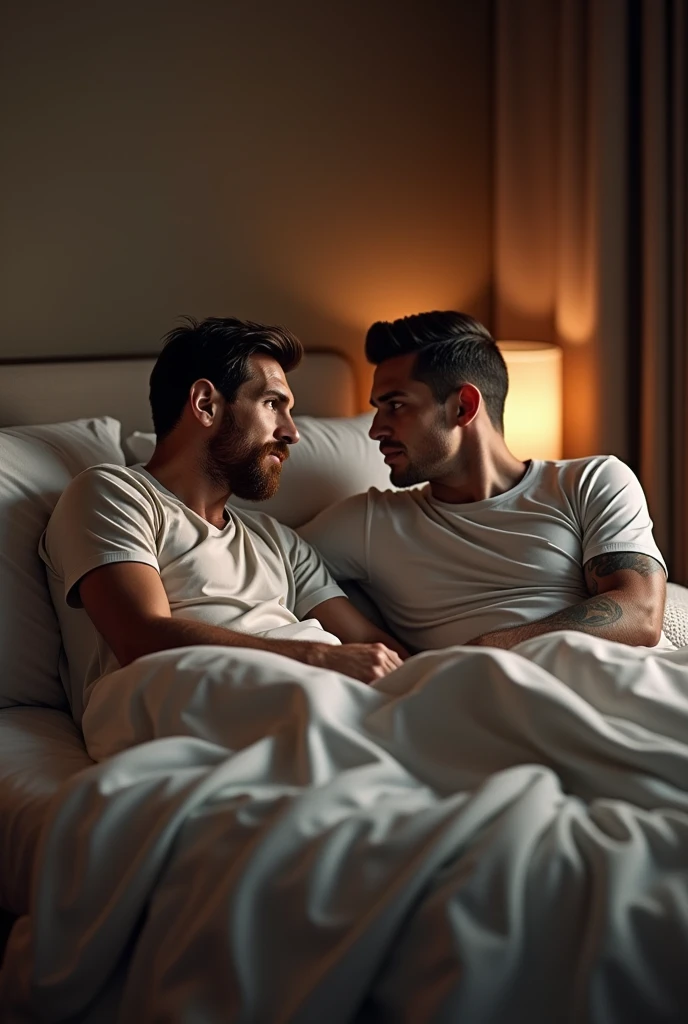 A man holding another man (Lando Norris a Max Verstappen), with pills lying on a bed