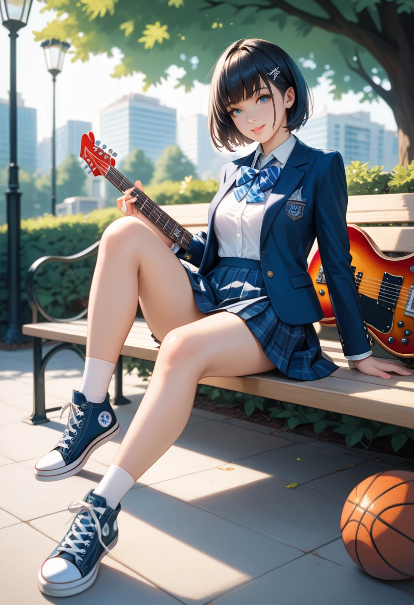 masterpiece,  high definition ,  cinematic lighting , Park overlooking the harbor , Alone,  A high school girl sitting on a bench playing an electric guitar  ( A light blue Fender Stratocaster),  beautiful girl,  black hair,  short bob, High School Uniform ( dark blue)  blazer and check skirt ),  White Converse basketball shoes ,