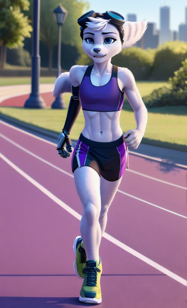 Rivet, tail, furry, 1girl, young, solo, six pack, full body, (yellow cybernetic right arm),(normal left arm), (purple sport shorts with sports bra), jogging, jogging track background, detailed body fur, detailed body, detailed eyes, detailed face, athletic, skinny, high quality, masterpiece, goggles, looking at you, (elastic waistband), (climaxing), 