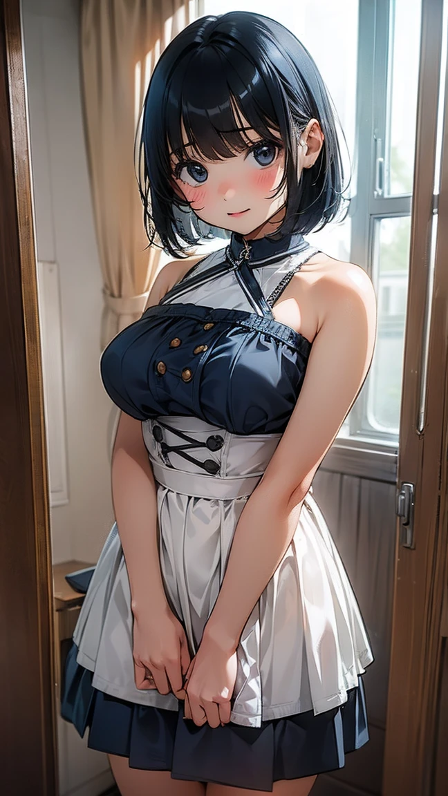 Main piece、high quality、High resolution、1 girl,single, Ruka Sarashina、jewelry、skirt、Maid uniform that exposes the breasts、Japan maid café、Woman with black hair、short hair、black hair、black pantyhose, Blue eyes, long sleeve, blue hair band, bangs, big full breast, cleavage, Medium waist, medium hips, wide thighs, Cowboy photos, smile, fascinating, embarrassing, blush、lots of people, looking at the viewer,From above、high angle,very big breasts、cleavage、Well good、no panties、no panties、Very short skirt、nipple、Serve nipple、Milk spurts out of nipple、Milk drips from nipple、whole body、Nipples、Exposing the breasts、show pussy、Spread your legs、Open your mouth