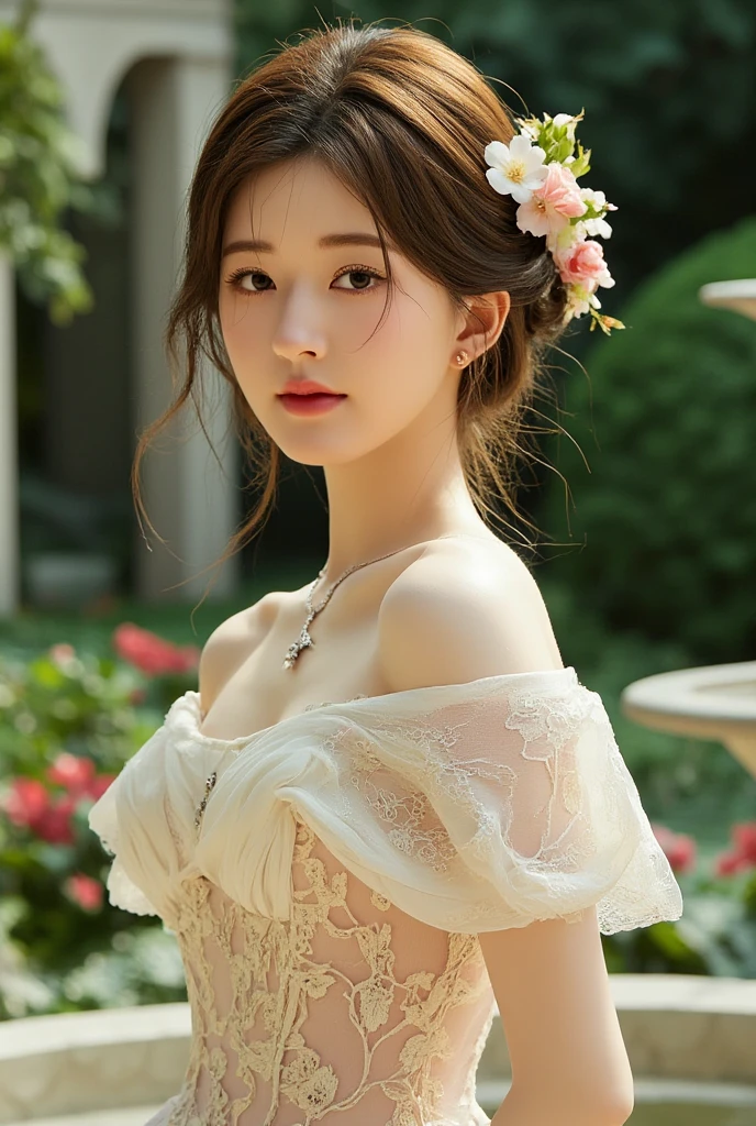 Create an image of an Asian teenage girl in a Victorian-inspired outfit. She's wearing a lace blouse, a high-waisted long skirt. Her hair is styled in loose ringlets and adorned with a floral headpiece. The background is a historic garden with blooming roses and a marble fountain. Detailed face, expressive eyes, high resolution, photorealistic, natural lighting, vibrant colors, Victorian fashion, garden backdrop, graceful pose.