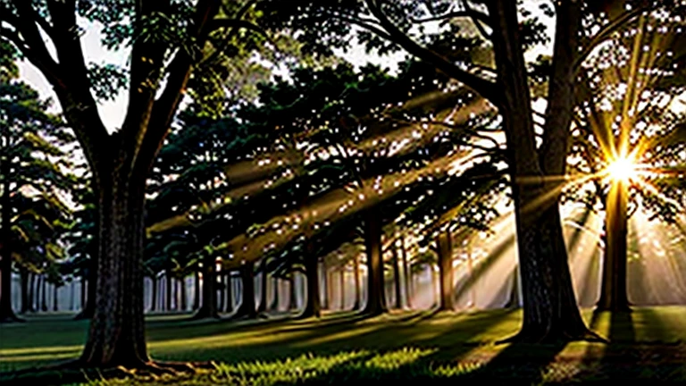  majestic trees at dusk, with rays of sunshine through 