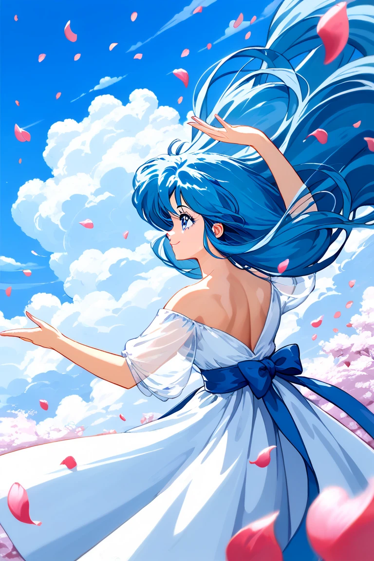  score_9,  score_8_up,  score_7_up, (masterpiece), ( best quality), ( super detailed), (Illustration),(1 female:1.2), Japanese,Beautiful eyes, blue hair , casual outfit ,beautiful gradation,(Woman smiling),(Background is countless beautiful petals dancing in the air:1.3),( back view),( woman looks up at the sky :1.2),( wind blows hair ),( depth of writing),(dynamic),(Close-up of face),(Beautiful face),(Beautiful eyes), Anime Artwork , Flat Color ,80s anime style,(Rumiko takahashi), dynamic angle , beautiful,Clear skies