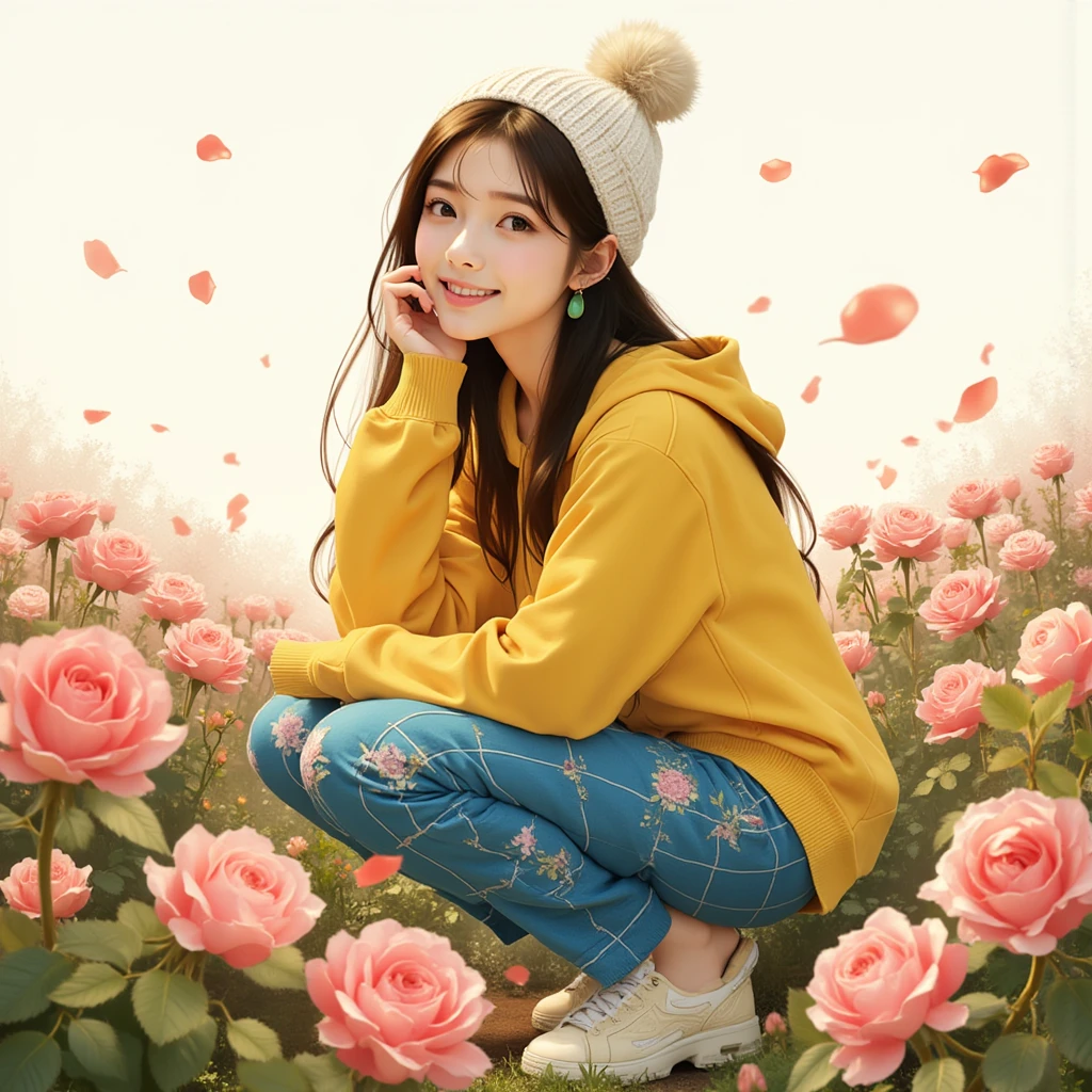 A detailed illustration of a young asian woman crouching in a rose garden, wearing a yellow hoodie and blue plaid pants embroidered with flowers. She has long, flowing dark hair, a white knit hat with a pompom, and green earrings. She smiles warmly, with a calm and whimsical atmosphere. Petals float gently in the air.