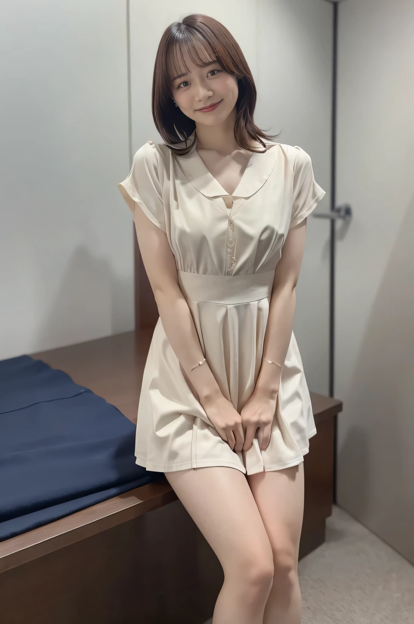  girl,naked,bangs, Little Smiles ,Thighs,Knee、 cute short hair ,Since before, front light , flat chested、A dress that shows off your chest、Can you roll up your skirt and show me your pussy、 pee 、Peeing、 pee を見せてくれる、Thai uniform、