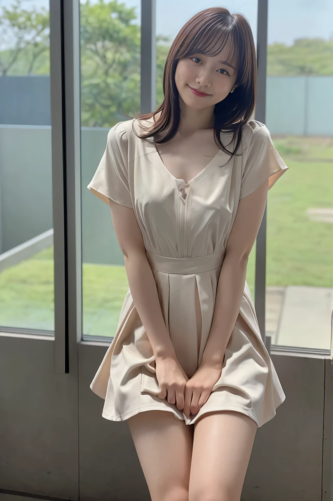 girl,naked,bangs, Little Smiles ,Thighs,Knee、 cute short hair ,Since before, front light , flat chested、A dress that shows off your chest、Can you roll up your skirt and show me your pussy、 pee 、Peeing、 pee を見せてくれる、Thai uniform、