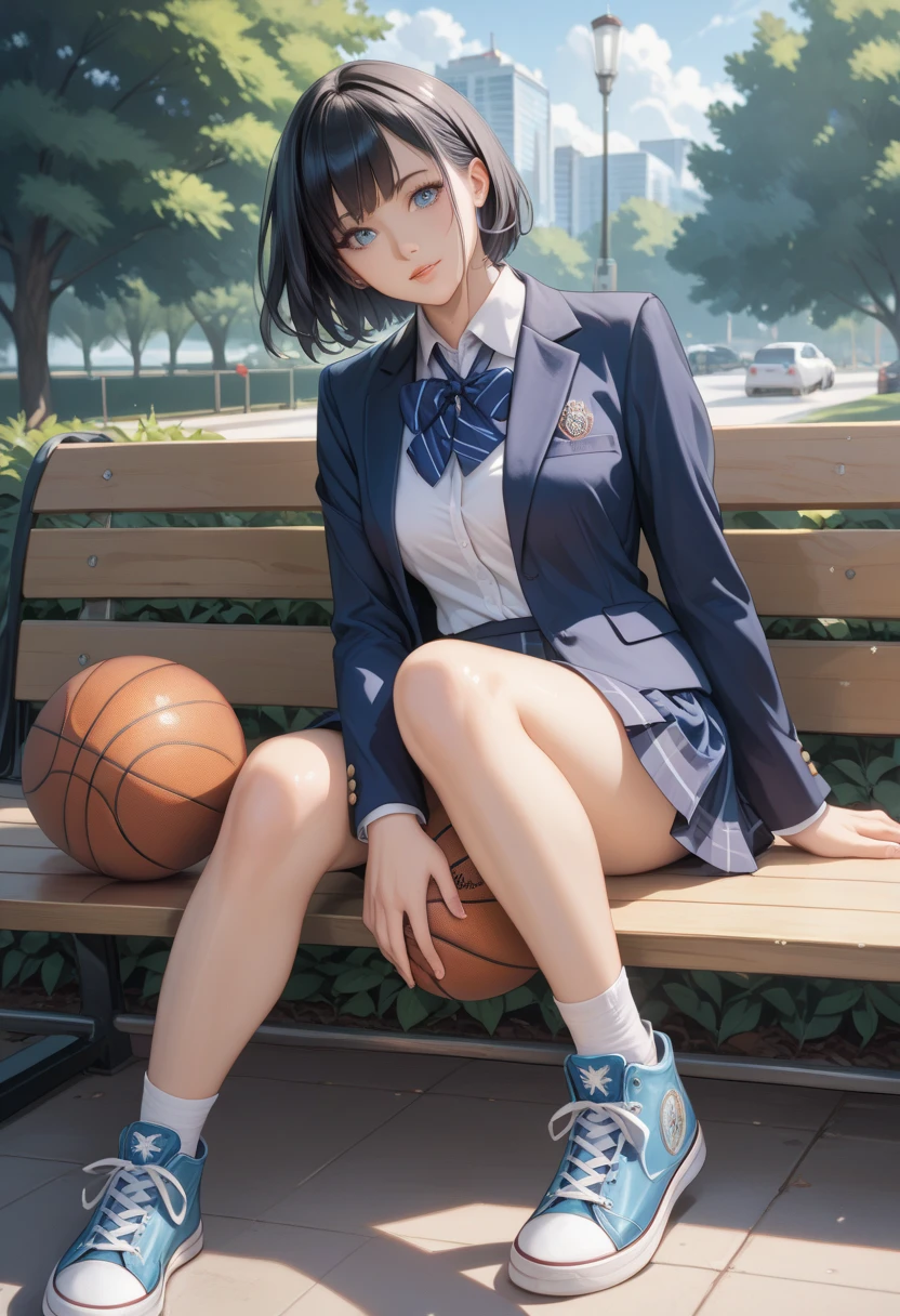 masterpiece,  high definition ,  cinematic lighting , Park overlooking the harbor , Alone,  A high school girl sitting on a bench playing an electric guitar  ( light blue fender stratocaster),  beautiful girl,  black hair,  short bob, High School Uniform ( dark blue)  blazer and check skirt ),  White Converse basketball shoes ,