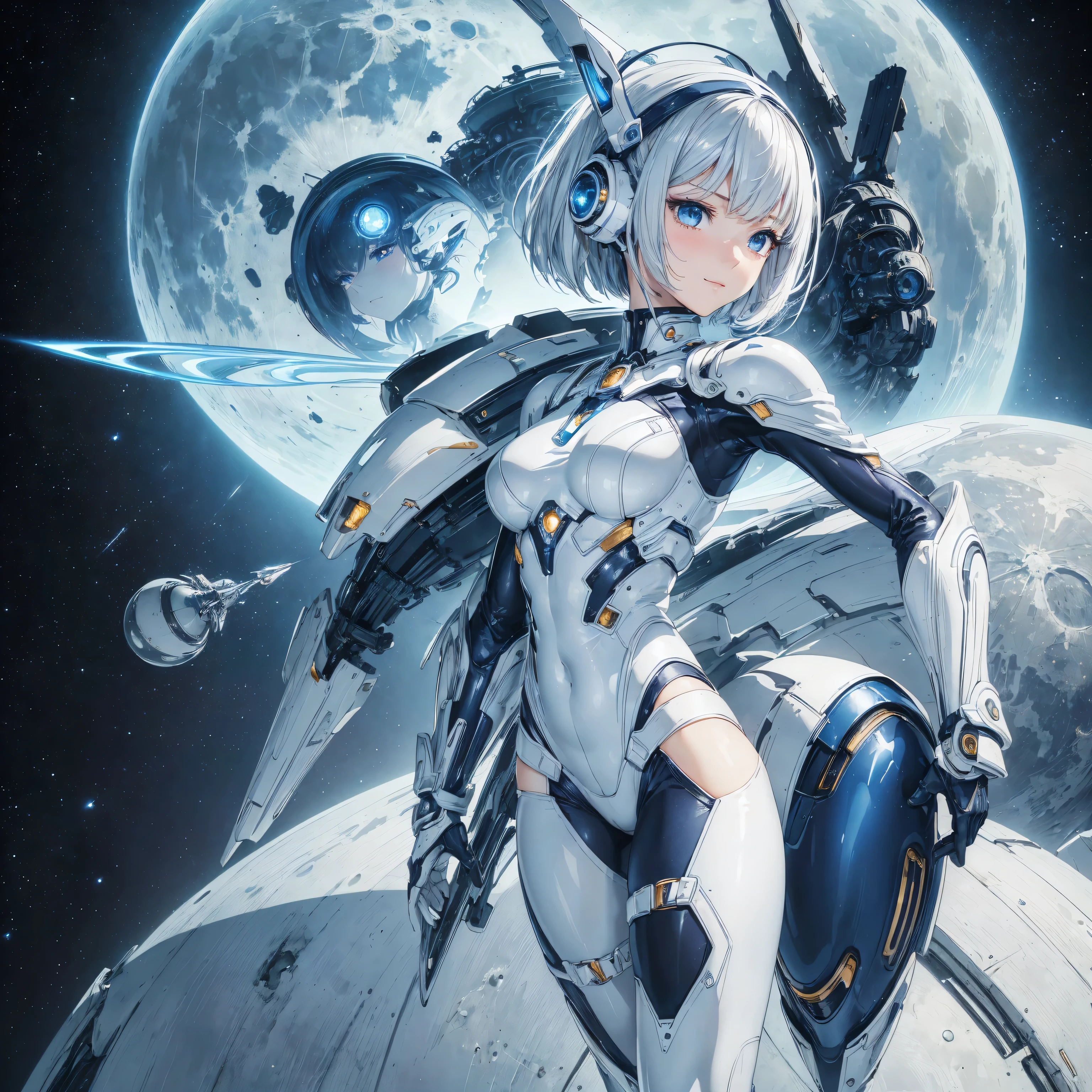 (Best Quality)), (Masterpiece)), (Details: 1.4), 3D, Absurd Resolution, High Resolution, (Masterpiece: 1.4), Ultra Detail, 8k CG Wallpaper, Full Body, Caustics, Reflection, Late Race, Demo Theme, Nebula, Dark Aura, Cyber Effects, (1:1.4), Solo, Solo, Mecha Girl, Beautiful Face, Beautiful Eyes, Mecha Parts, Robot Joint, Single Mecha Arm, Headgear, Mecha Halo, Star Halo, Composite Mecha Bodysuit, Mecha Corset, Full Armor, Super Long Hair, White Hair, Multicolored Hair, Interior Hair Color, Blue Eyes, Glowing Eyes, Gaze, Random Facial Expressions, Random Action, Cockpit, Wheelhouse, Space War, Laser Beam, Fighter Cockpit, Starry Sky, Skyline, Daughter, Machine Parts, Robot Joint, Headgear, Full armor, dynamic poses,