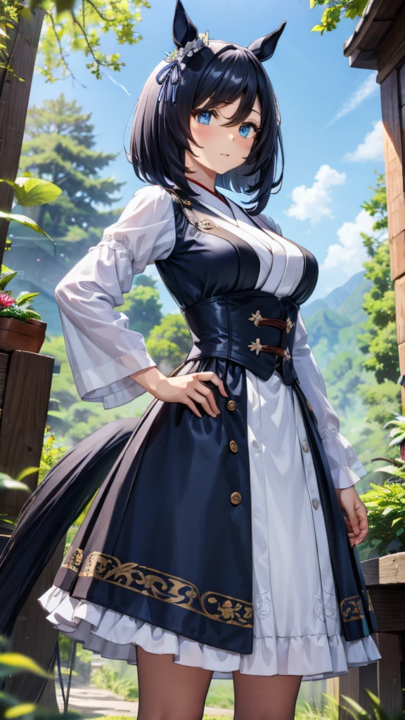 Japanese illustration style, high detail, 8k, clean lineart, cinematic, 
eishin flash \(umamusume\), horse ears, horse tail, black hair, deep blue eyes, big tits, hair fully hides ears:1.8, 
natural pose, fantasy background, 
Victorian dress, black dress, 
  

look at viewer