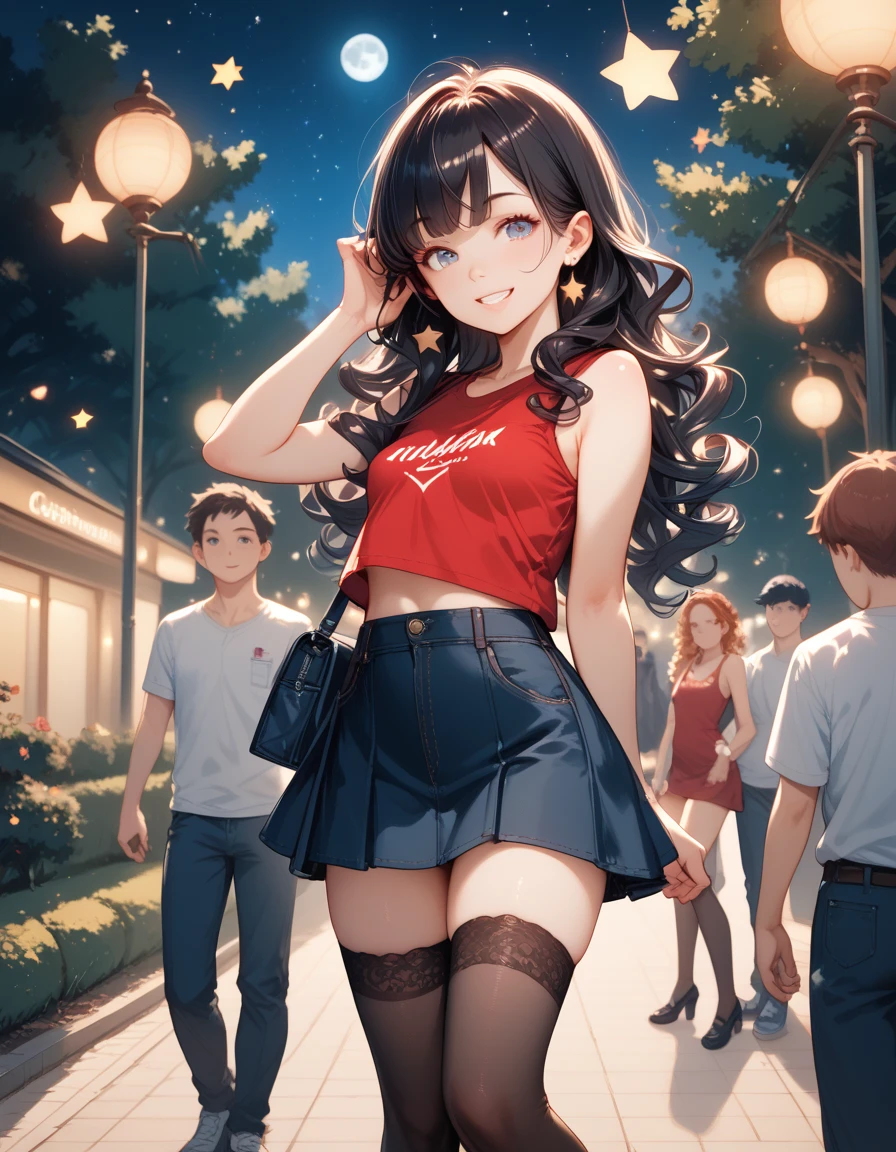 、4K、((focus on the face)), (full body shot, Full body photo including face), ((Cute symmetrical face))、Beautiful woman、25 years old、slender body、(small butt、thin thighs）、off shoulder、Box Pleated Skirt、(high heels、stockings、anklet）、I could see the whole body、head to toe photo、small earrings、necklace、Face the viewer in front、The subject is far away、shallow depth of field、wide angle focal length、upward glance、Jumping moment、((Mario Jump、Shoryuken)）、floating in the air、Falling、Vibrant photos、Shoot with focus on the face、Biologically correct number of limbs、correct hand drawing、high angle、realistic pictures、non-fantasy、（many balloons flying）