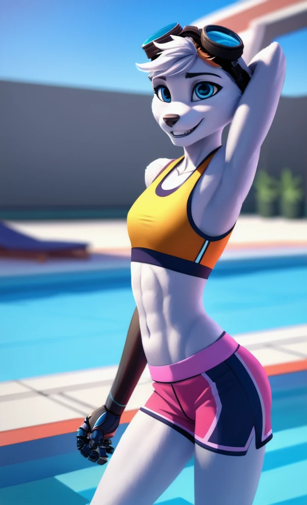 Rivet, tail, furry, 1girl, young, solo, six pack, (yellow cybernetic right arm),(normal left arm), (pink sport shorts with sports bra), standing, pool background, detailed body fur, detailed body, detailed eyes, detailed face, athletic, skinny, high quality, masterpiece, goggles, :D, looking at you, full body, (elastic waistband), (climaxing), 