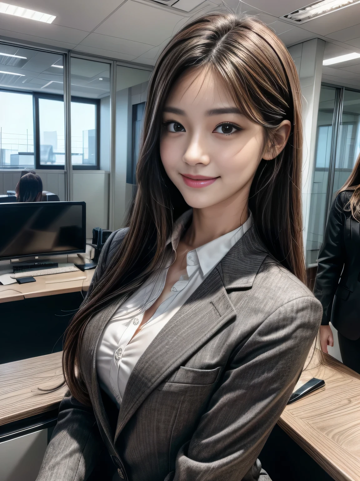 Best image quality、Ultra-high resolution、One Girl、Beautiful expression、(Black business suit),office,Big Breasts,smile