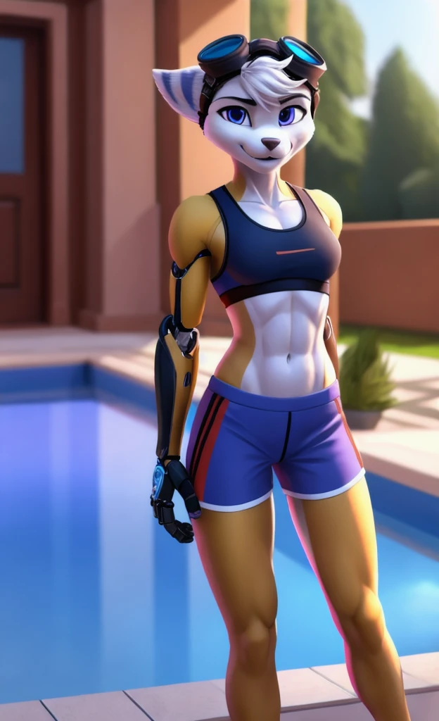 Rivet, tail, furry, 1girl, young, solo, six pack, (yellow cybernetic right arm),(normal left arm), (purple sport shorts with sports bra), standing, pool background, detailed body fur, detailed body, detailed eyes, detailed face, athletic, skinny, high quality, masterpiece, goggles, :D, looking at you, full body, (elastic waistband), (climaxing), 