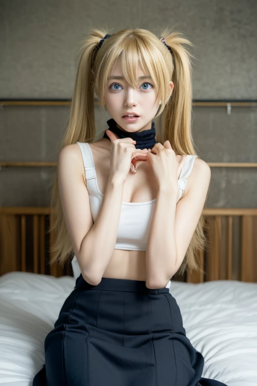 A closeup of a woman blonde_hair, blue eyes, twintails, very_long_hair, hair_ornament red, hair_scrunchie red, big_breasts, in a basic brown top posing for a photo, perfect body, beautiful young woman, beautiful model young, very beautiful young woman, a beautiful young woman, beautiful young girl, attractive girl, 18